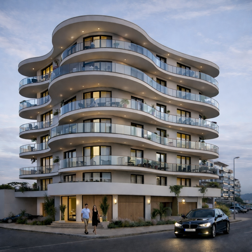 Bloc modern cu fațade fluide și balcoane generoase cu parapet din sticlă